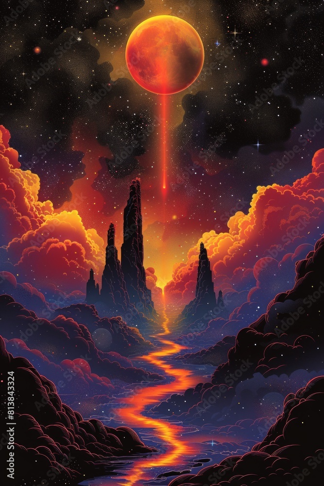 Fototapeta premium A painting of a red moon over mountains and water, AI