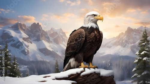 The American Bald Eagle is a representation of bravery, strength, and independence. It stands towering and majestic against the snowy landscape.