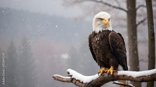 An American Bald Eagle perches elegantly in the snow on a wintry day, its majestic presence striking a contrast with the peaceful winter scenery.