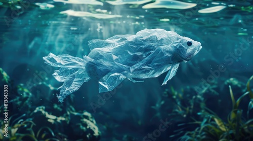 Plastic pollution concept with underwater fish made from plastic bags swimming.