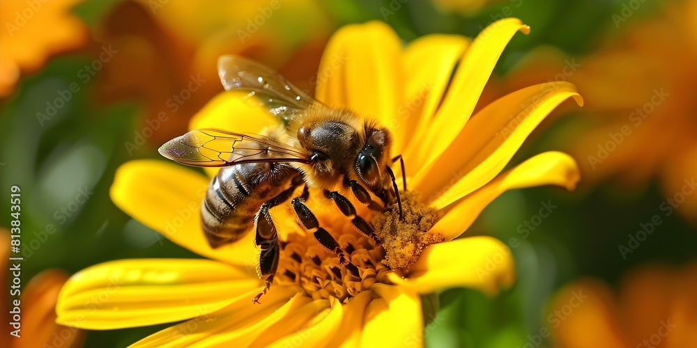 Bees transport pollen to the hive. Concept Pollination, Bee Behavior, Nature, Insects, Ecosystems Bees transport pollen to the hive. Concept Pollination, Bee Behavior, Nature, Insects, Ecosystems