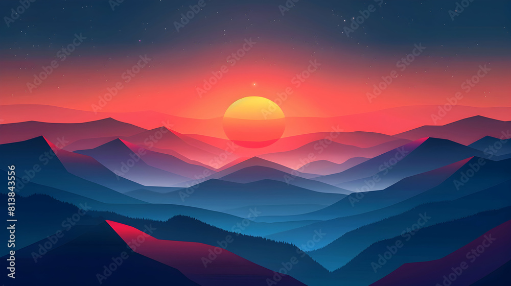 High Altitude Sunset: A Unique Perspective on Sprawling Landscapes   Flat Design Icon Concept