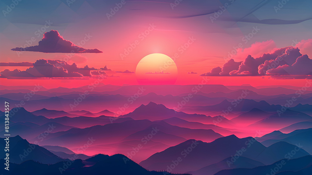 High Altitude Sunset: Unique Perspective on Sprawling Landscapes   Flat Icon Design Concept