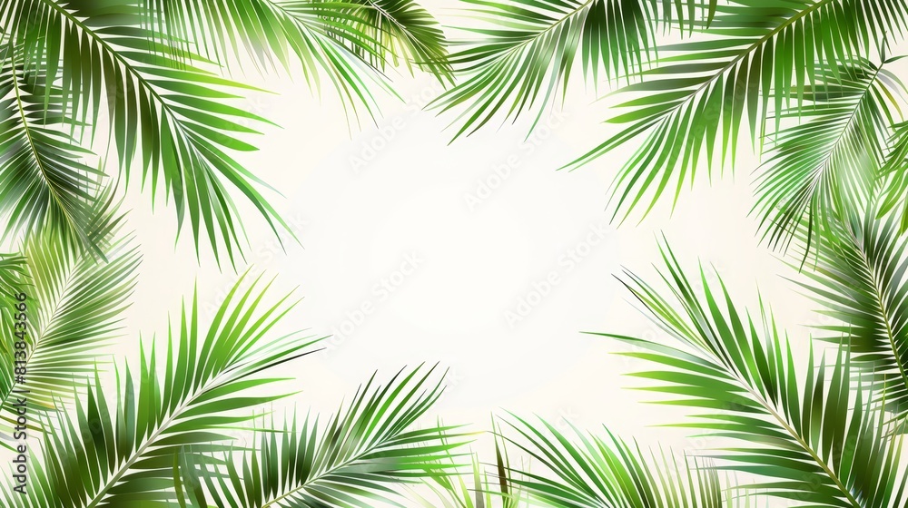 An illustration of tropical plants with coconut palm foliage bordered with a tropical frame. Tropical plants isolated on a transparent background. Summer banner template with a border of coconut palm