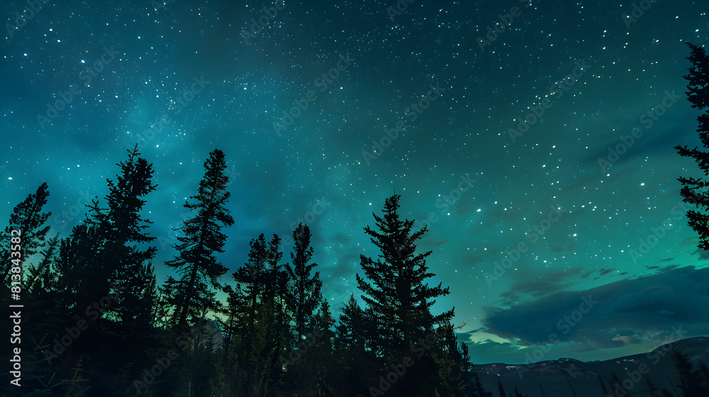 Fototapeta premium Northern lights on mountain peak at night. Aurora borealis on mountain trail. Landscape with polar lights. Starry sky with bright aurora. Travel background