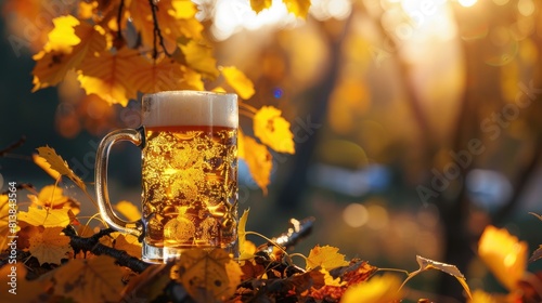 A glass of frothy beer bathed in sunlight resting against a backdrop of a maple branch adorned with vibrant yellow leaves Capturing the essence of autumn this scene evokes thoughts of picni
