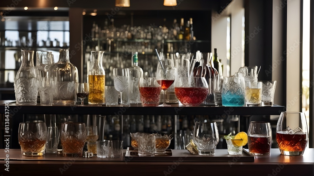 Glassware and beverages are arranged on the bar counter in what can be considered an artistic composition, with each piece thoughtfully placed to produce visual interest. Glassware and beverages are arranged on the bar counter in what can be considered an artistic composition, with each piece thoughtfully placed to produce visual interest.