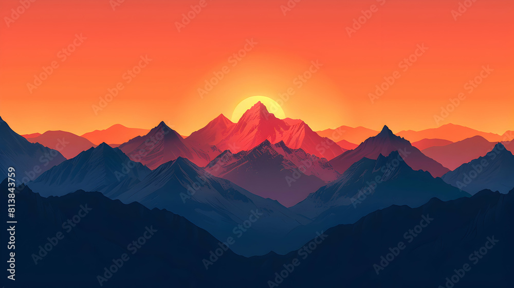 Fiery Sunset Mountain View: Golden Sunrays Illuminate Peaks in Flat Design   Adobe Stock Concept