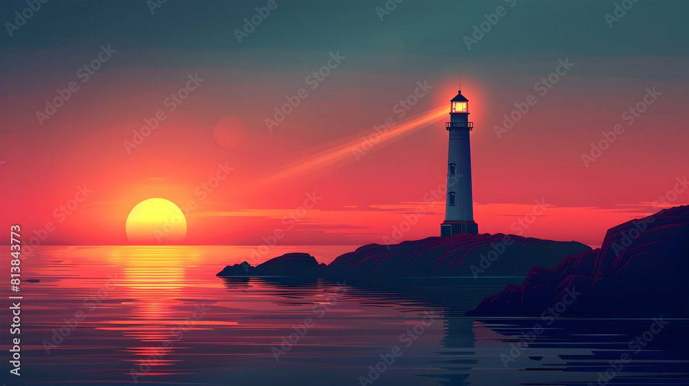 Guiding Light: A Historic Lighthouse at Sunset   Flat Design Icon Concept Offering Navigation and Hope for Sailors Returning Home