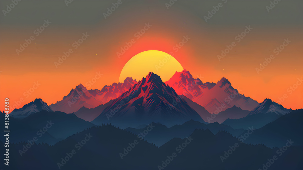 Mountain Sunset Vista: Fiery sunset illuminating mountain range with dramatic peaks and valleys in golden light   Flat design icon concept