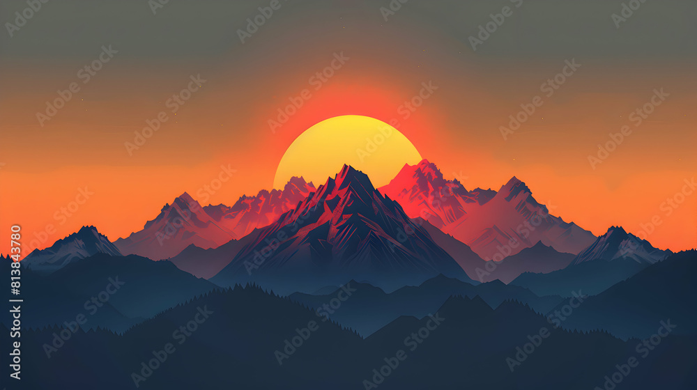 Mountain Sunset Vista: Fiery sunset illuminating mountain range with dramatic peaks and valleys in golden light Flat design icon concept Mountain Sunset Vista: Fiery sunset illuminating mountain range with dramatic peaks and valleys in golden light Flat design icon concept