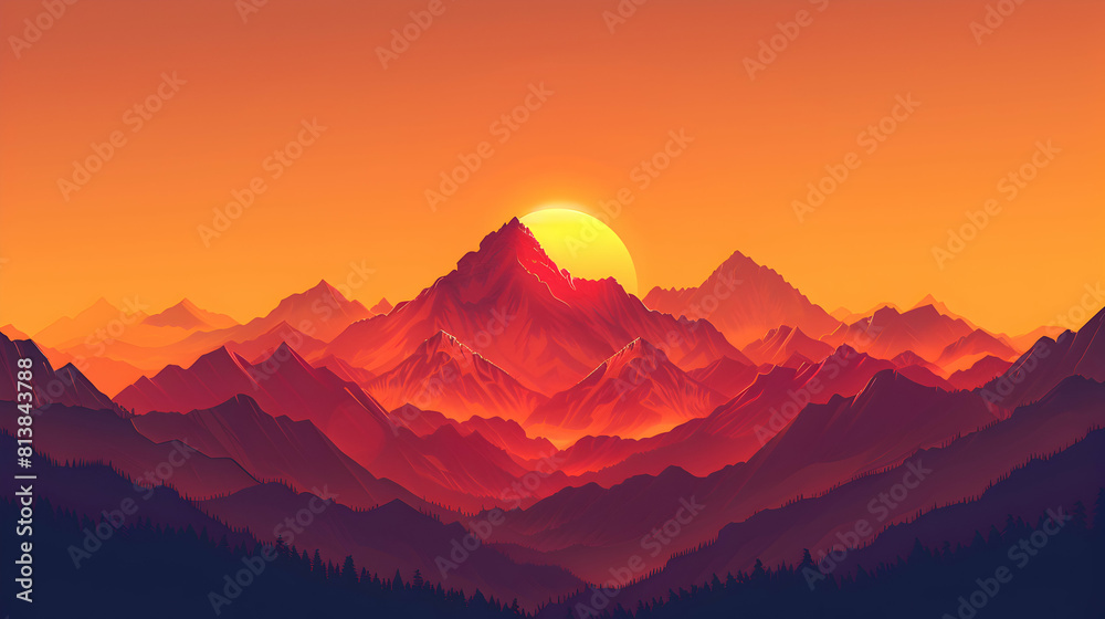 Mountain Sunset Vista: A Fiery Sunset Illuminates Dramatic Peaks and Valleys in Golden Light   Flat Design Icon Concept