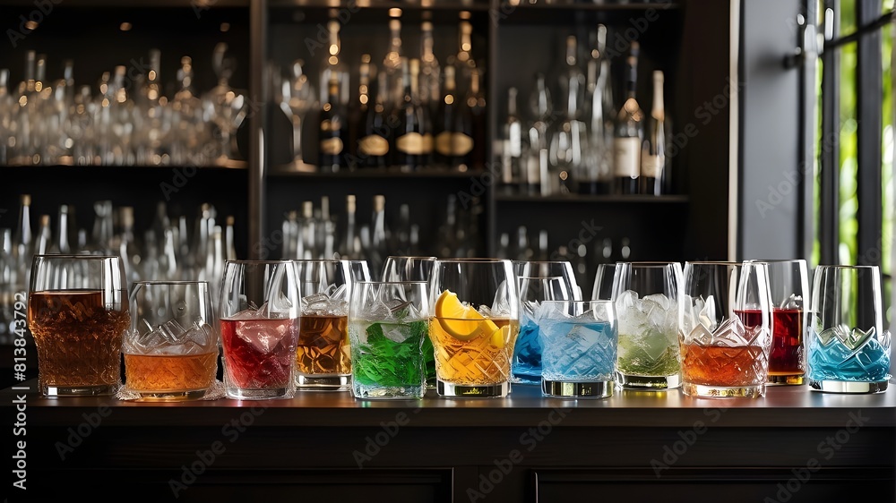Glassware and beverages are arranged on the bar counter in what can be considered an artistic composition, with each piece thoughtfully placed to produce visual interest.