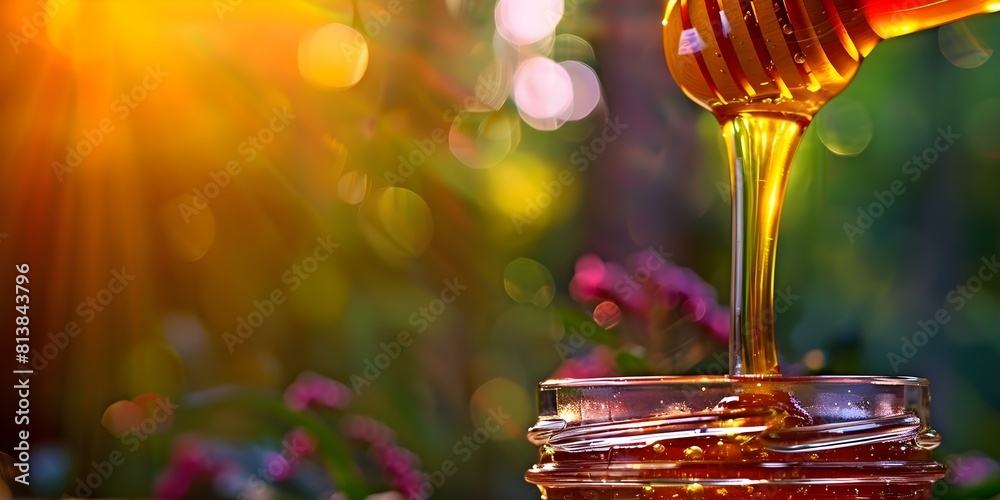 Amber honey poured into glass jar with blurred background bokeh. Concept Food Photography, Honey, Glass Jar, Blurred Background, Bokeh Amber honey poured into glass jar with blurred background bokeh. Concept Food Photography, Honey, Glass Jar, Blurred Background, Bokeh
