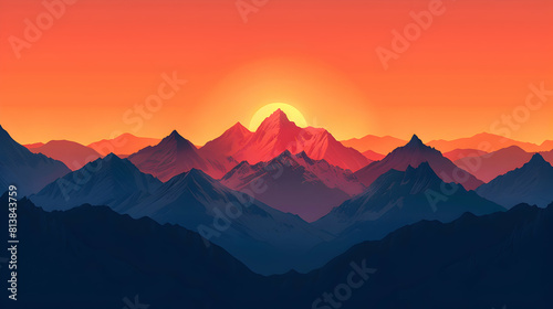 Fiery Sunset Mountain View  Golden Sunrays Illuminate Peaks in Flat Design   Adobe Stock Concept