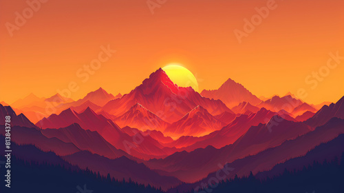 Mountain Sunset Vista: A Fiery Sunset Illuminates Dramatic Peaks and Valleys in Golden Light Flat Design Icon Concept