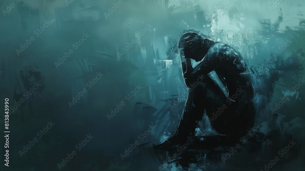 solitary figure sitting or standing in the center of the image, representing the isolating nature of depression, woman’s face with sad facial expression solitary figure sitting or standing in the center of the image, representing the isolating nature of depression, woman’s face with sad facial expression