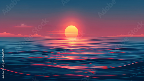 Oceanic Sunset Splendor: The sun dips below the ocean horizon, casting vibrant hues in a stunning flat design icon illustration