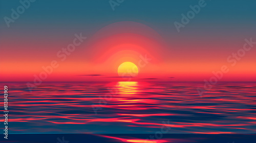 Oceanic Sunset Splendor  The Sun s Vibrant Dance Over the Horizon   Flat Design Icon