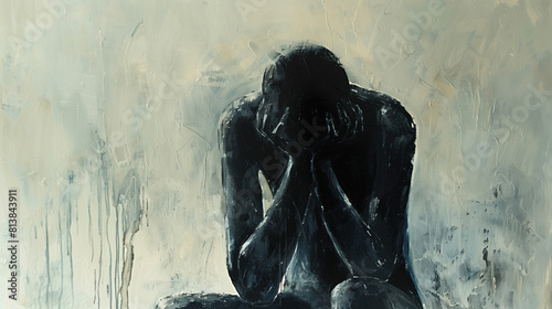 solitary figure sitting or standing in the center of the image, representing the isolating nature of depression, woman’s face with sad facial expression