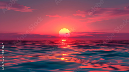 Oceanic Sunset Splendor The sun dipping below the ocean horizon, casting vibrant hues in stunning flat design concept illustration