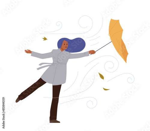 Young woman isolated cartoon character holding umbrella struggling with strong wind and hurricane