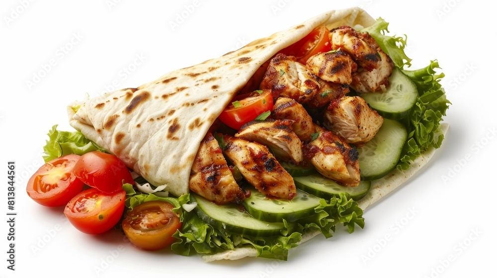 Detailed view of a grilled chicken shawarma, bursting with tomatoes, cucumber, and lettuce, isolated for advertising focus Detailed view of a grilled chicken shawarma, bursting with tomatoes, cucumber, and lettuce, isolated for advertising focus