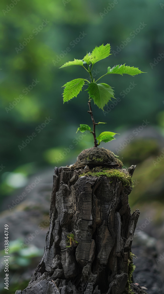 Young tree growing on an old stump in a tranquil forest Young tree growing on an old stump in a tranquil forest