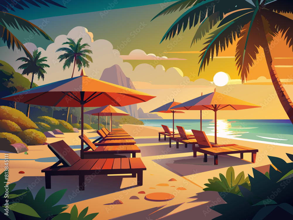 Obraz premium Beach front tourist resort swimming pool surrounded by pal trees.