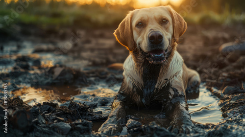 Witness the fun-filled moments of a playful canine frolicking in the mud, covered from head to paw. AI generative. photo