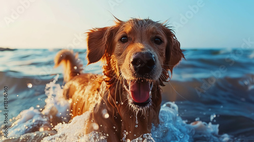Capture the joyful moment of a smiling dog playing in the waves at the beach, radiating happiness. AI generative."