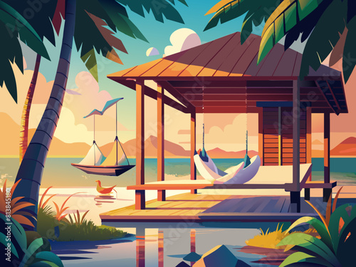 Swing in a beach bungalow on seacoast with towels in swan shape. Summer vacation and relax on sea resort