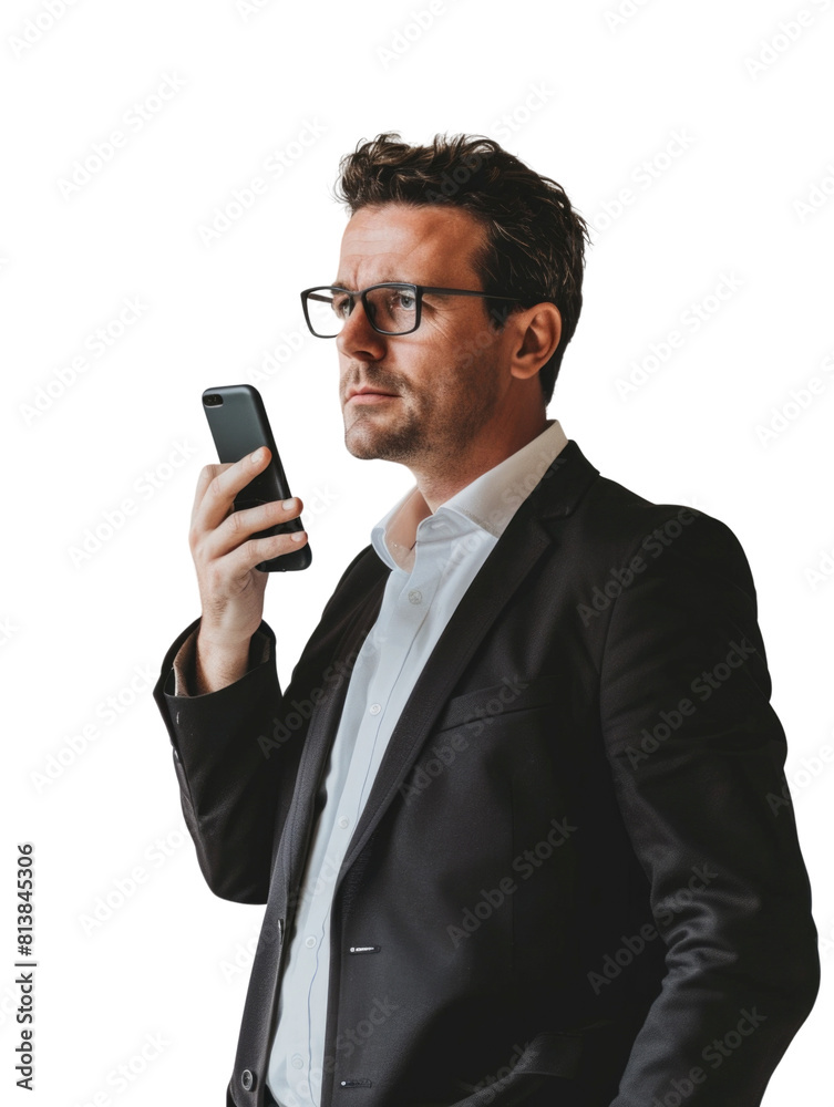 Business man using smartphone for messaging communication transparent background Business man using smartphone for messaging communication transparent background