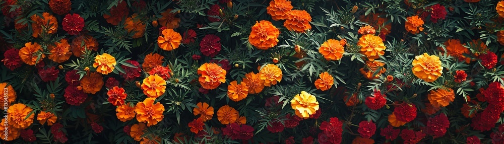 Closeup of a flowerbed of orange and yellow marigolds with green foliage. Closeup of a flowerbed of orange and yellow marigolds with green foliage.