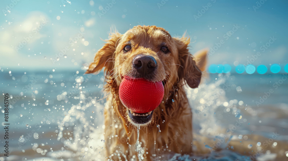 Experience the boundless energy of a playful Golden Retriever running around with a red ball in its mouth. AI generative.