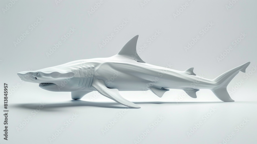 Fototapeta premium Artistic depiction of a white sculptural shark, isolated on a white background, emphasizing modern design.