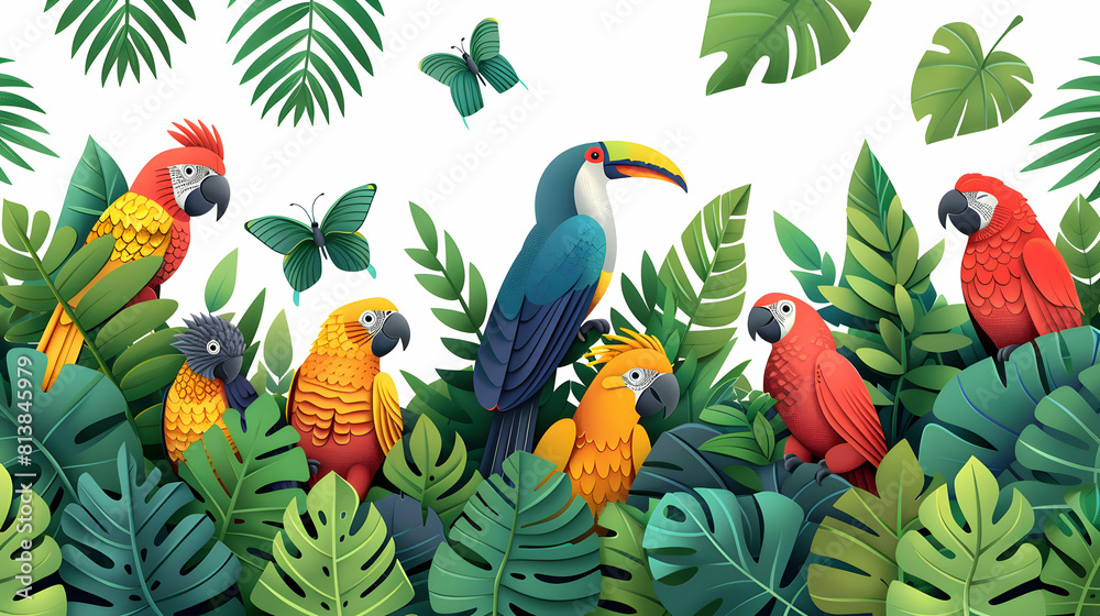 Tropical Birds Perched in Rainforest Canopy: Simple Flat Design Illustration with Vivid Colors Stand Out Against Green Leaves in Isometric Scene. Tropical Birds Perched in Rainforest Canopy: Simple Flat Design Illustration with Vivid Colors Stand Out Against Green Leaves in Isometric Scene.