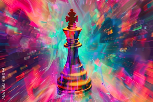 neon royalty vibrant king chess piece on colorful abstract background digital art photo