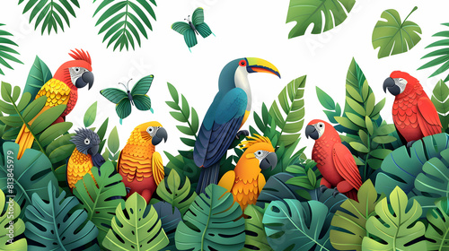 Tropical Birds Perched in Rainforest Canopy  Simple Flat Design Illustration with Vivid Colors Stand Out Against Green Leaves in Isometric Scene.