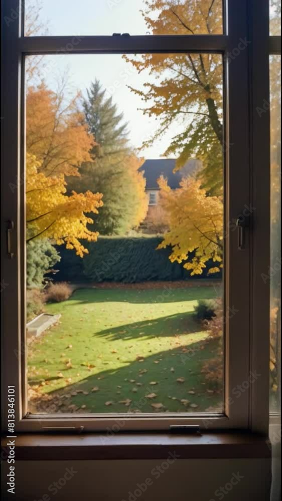View through window shows vibrant autumn leaves and serene garden. Bright yellow foliage contrasts with peaceful green lawn. View through window shows vibrant autumn leaves and serene garden. Bright yellow foliage contrasts with peaceful green lawn.