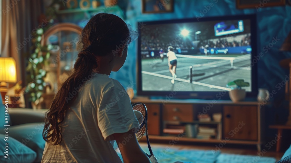 A young sports fan watches a tennis match on TV at home. She mimics the game with her racket as she supports her favorite player. This vintage retro concept is reminiscent of childhood nostalgia.