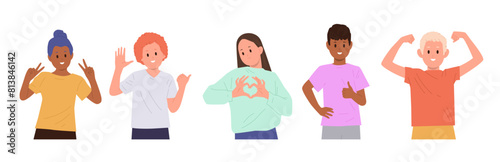 Happy smiling children cartoon characters showing positive gesture set isolated on white background
