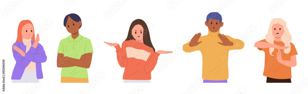 Cute little children cartoon characters showing negative gesture set ...