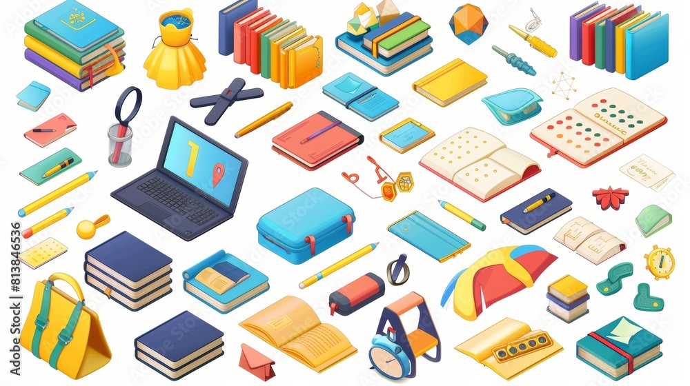 A 3D cartoon educational icon set. Icon set with book and laptop for app or infographic design. Elearning illustration with student stationery isolated. A 3D cartoon educational icon set. Icon set with book and laptop for app or infographic design. Elearning illustration with student stationery isolated.