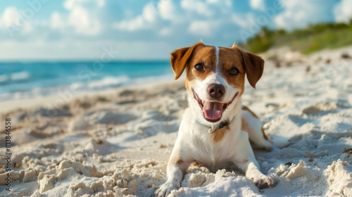 A happy dog enjoys the sunny beach, playing on white sand and radiating joy. AI generative. © น้ำฝน สามารถ
