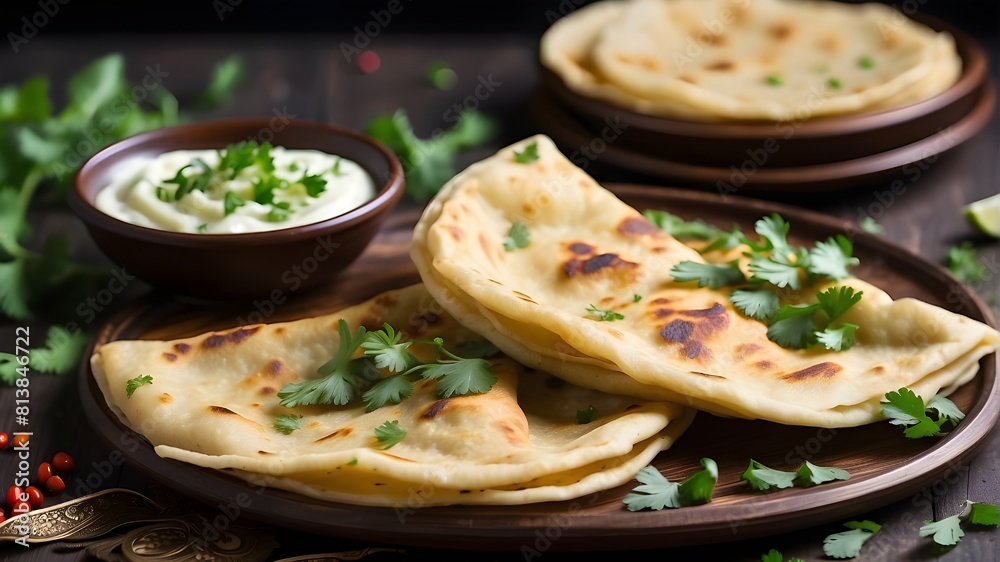 Popular Indian flatbread called aloo paratha is filled with mashed potatoes that have been seasoned and often include herbs and spices like chili powder, cumin, and coriander.