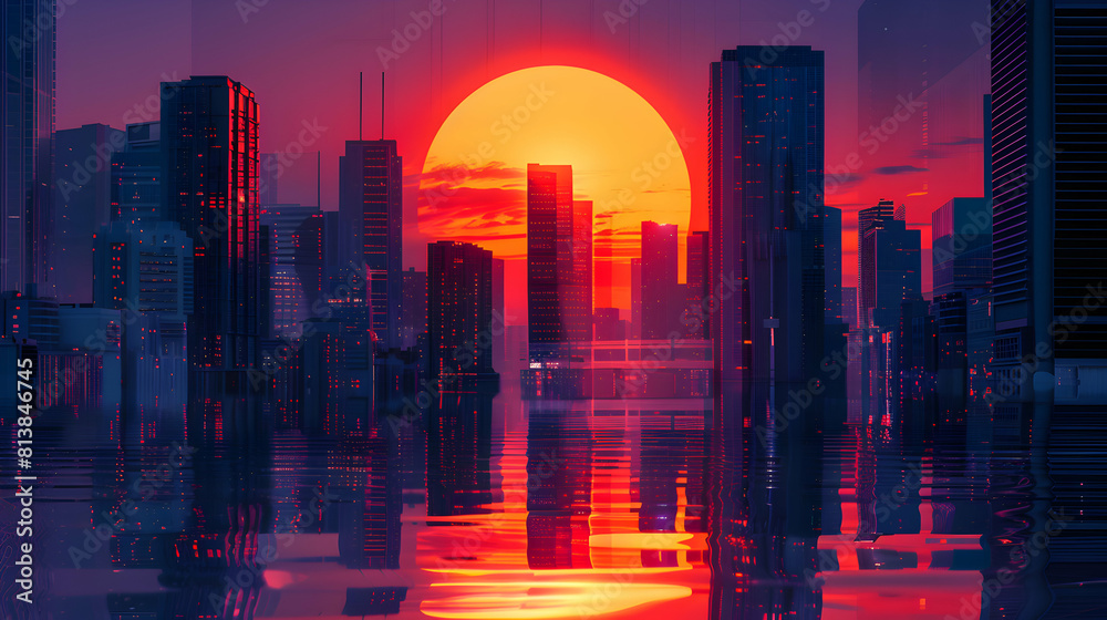 Skyscraper Sunset Reflections: Flat Icon Design Illustrating the City Skyline Turning into a Canvas of Oranges and Purples