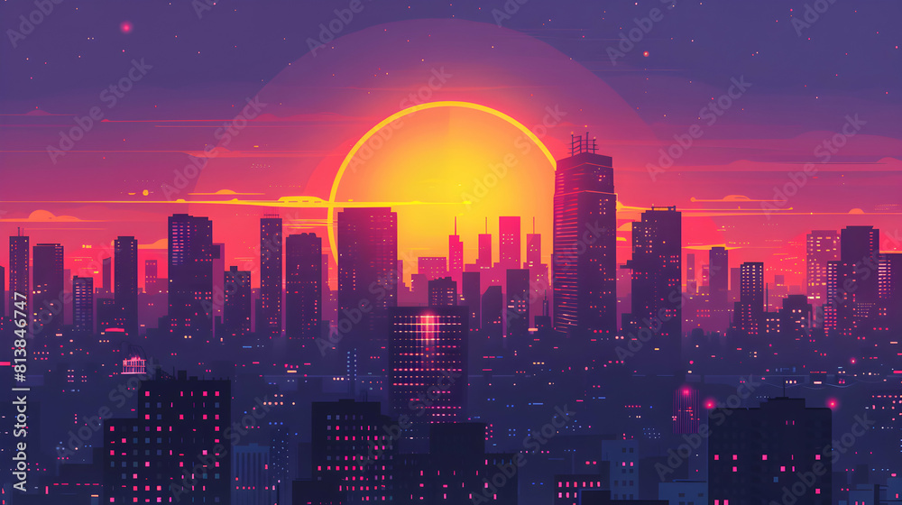 City Skyscraper Sunset Reflections: Visualizing the Urban Skyline with a Colorful Sunset Glow in Flat Design Icon Concept