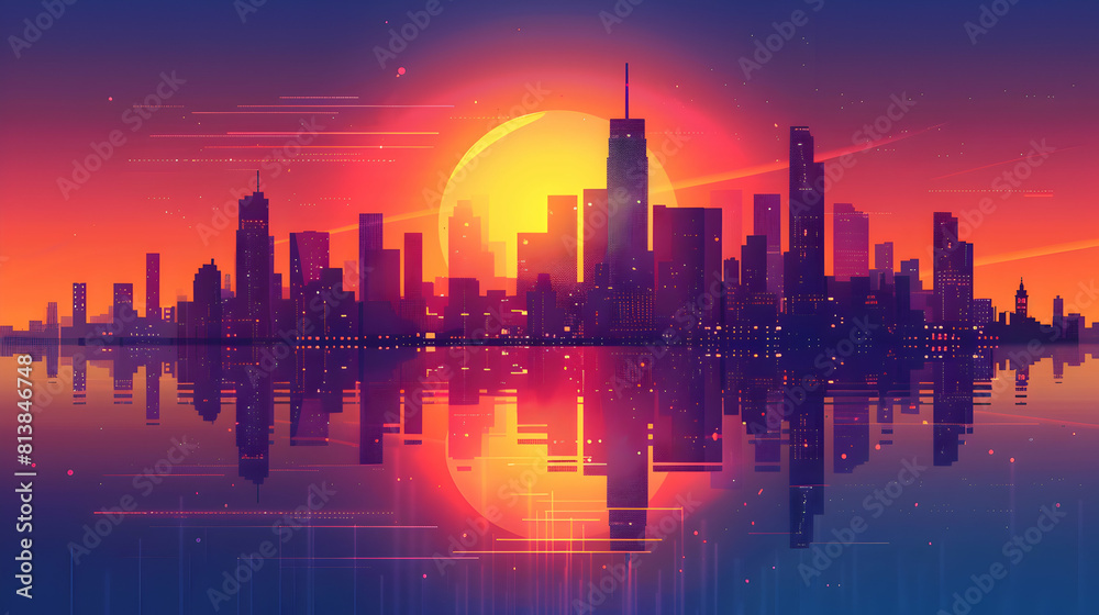 City Skyscrapers Sunset Reflections: Orange and Purple Flat Design Icon Depicting Sunset Reflection off Glass Skyscrapers, City Skyline Canvas in Flat Illustration Style