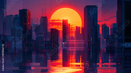 Skyscraper Sunset Reflections: Flat Icon Design Illustrating the City Skyline Turning into a Canvas of Oranges and Purples © Gohgah